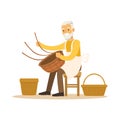 Senior man weaving baskets, craft hobby or profession colorful character vector Illustration