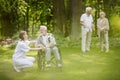 Man on the wheelchair in the garden of professional nursing home Royalty Free Stock Photo