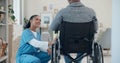 Senior man, wheelchair and medical support with nurse help and healthcare in retirement home. Caregiver, employee and Royalty Free Stock Photo