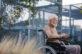 Senior man in a wheelchair sitting outside in an urban garden, scrolling on smartphone. Portrait of a elegant elderly Royalty Free Stock Photo