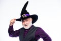 Senior man white beard celebrate Halloween. Magician witcher old man. Magic concept. Experienced and wise. Magic spell Royalty Free Stock Photo