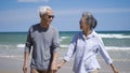 Senior man and woman couple holding hands walking from the beach sunny Royalty Free Stock Photo