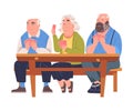 Senior Man and Woman Friends Playing Cards Game Sitting on Bench at Table Vector Illustration Royalty Free Stock Photo