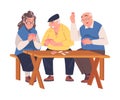 Senior Man and Woman Friends Playing Cards Game Sitting on Bench at Table Vector Illustration Royalty Free Stock Photo