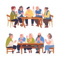 Senior Man and Woman Friends Playing Cards Game Sitting on Bench at Table Vector Set Royalty Free Stock Photo