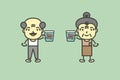 senior man and woman are holding denture or false teeth in water glass - dental cartoon vector flat style