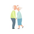 Senior man and woman kissing and holding hands, elderly romantic couple in love vector Illustration on a white