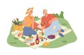 Senior man and woman on picnic, blanket with food