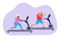 Senior man and woman running treadmill home workout healthy lifestyle vector