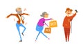 Senior Man and Woman Shopping, Listening to Music and Taking Selfie Vector Set