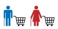 Senior man and woman are shopping in store, shopping cart line icon. Queue to store. Shopping time for elderly. Trolley