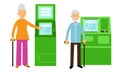 Senior Man and Woman Using Electronic Self Service Terminals and ATM Machine Vector Illustration Set Royalty Free Stock Photo