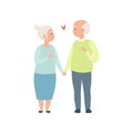 Senior man and woman walking together holding hands, elderly romantic couple in love vector Illustration on a white