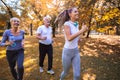 Senior man and woman and young female instructor workout on fresh air.