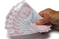 Senior man wrinkled hands holding Turkish Lira banknotes on white background.Financial currency crisis concept. Royalty Free Stock Photo