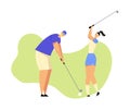 Senior Man and Young Woman in Uniform Playing Golf on Course with Green Grass, Hitting Ball to Hole, Sport