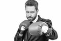 Senior manager stand in fighting position wearing boxing gloves isolated on white, business rivalry Royalty Free Stock Photo