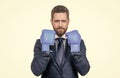 Senior manager wear boxing gloves in formal busines style isolated on white, competition Royalty Free Stock Photo