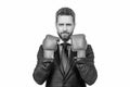 Senior manager wear boxing gloves in formal busines style isolated on white, competition Royalty Free Stock Photo