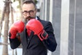 Senior mature bearded businessman wearing red boxing gloves or mitt punch, the metaphors about fight business for successful, Royalty Free Stock Photo