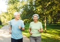Senior mature couple running together in the park looking at each other while jogging slimming exercises. Royalty Free Stock Photo