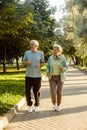 Senior mature couple running together in the park looking at each other while jogging slimming exercises. Royalty Free Stock Photo