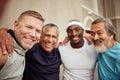 Senior men, fitness and smile portrait outdoor together for exercise motivation, retirement health support and diversity