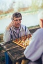 Senior men having fun and playing chess at park Royalty Free Stock Photo