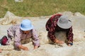 Senior Mongolian women produce felt in Harhorin, Mongolia.