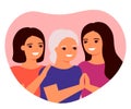 Senior mother and adult daughters are hugging. Family love, taking care of granny. Family generation, grandmother, mother and