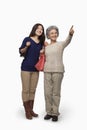 Senior mother and daughter pointing, studio shot Royalty Free Stock Photo