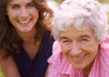 Senior, mother and woman in happy portrait outdoor to relax in summer, holiday or vacation together. Elderly, mom and Royalty Free Stock Photo