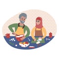 Senior couple preparing food together. Flat style illustration