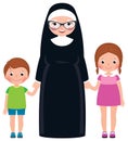 Senior nun holding hands boy and girl children