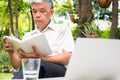 Senior old man reading a book in the park and drinking water. Concept of retirement lifestyle and hobby Royalty Free Stock Photo