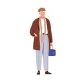 Senior old man wearing modern stylish clothes. Aged elderly male in fashion outfit, cap, scarf and eyewear. Person in