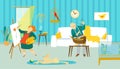 Senior old people couple at home, elderly family leisure lifestyle vector illustration. Mature male female person