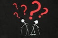 Senior or old people dementia problem, memory loss and Alzheimer`s disease concept. Elderly couple stick figure with red question