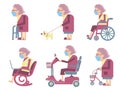 Senior old woman wearing mask protect covid-19. Vector avatars of old woman in medical masks. Elderly woman lifestyle