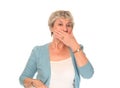 Senior older woman covering mouth