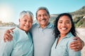 Senior parents, daughter and smile on beach, hug and happiness in summer vacation together outdoors. Portrait of happy Royalty Free Stock Photo