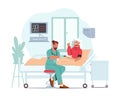 Senior Patient Character Hospitalization at Clinic Ward, Health Care Concept. Doctor or Nurse Measuring Blood Pressure Royalty Free Stock Photo