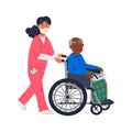 Senior patient. An elderly african american man in a wheelchair and female nurse in a face mask on a white background