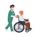 Senior patient. An elderly man in a wheelchair and male nurse in a face mask on a white background. Senior people