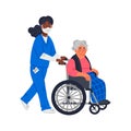 Senior patient. An elderly woman in a wheelchair and african american nurse in a face mask on a white background. Senior