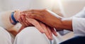 Senior patient, holding hands or consulting a nurse for support or empathy for healthcare help. Closeup, psychology or Royalty Free Stock Photo