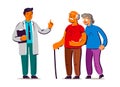 Senior patients and doctor. Volunteers help disabled old people. Vector illustration