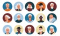 Senior people avatars. Cartoon older characters round icons, happy aged men women faces, pensioner portraits for social