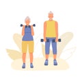 Senior people doing sports together. Gray-haired couple lifts dumbbells, trains muscles of arms Royalty Free Stock Photo