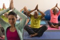 Senior people doing yoga with female trainer in fitness studio